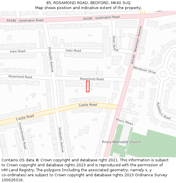 85, ROSAMOND ROAD, BEDFORD, MK40 3UQ: Location map and indicative extent of plot