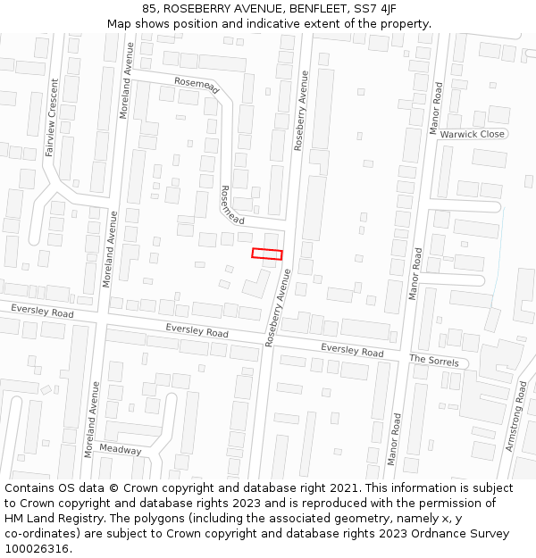 85, ROSEBERRY AVENUE, BENFLEET, SS7 4JF: Location map and indicative extent of plot