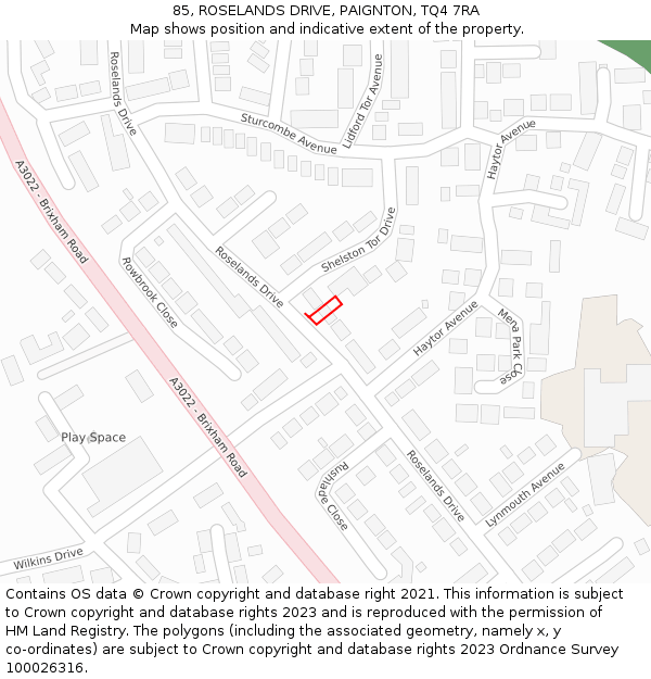 85, ROSELANDS DRIVE, PAIGNTON, TQ4 7RA: Location map and indicative extent of plot