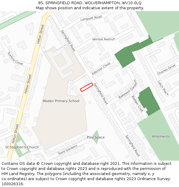 85, SPRINGFIELD ROAD, WOLVERHAMPTON, WV10 0LQ: Location map and indicative extent of plot