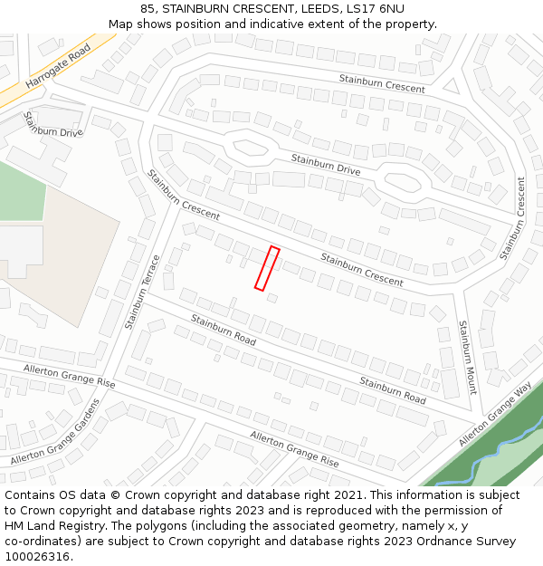 85, STAINBURN CRESCENT, LEEDS, LS17 6NU: Location map and indicative extent of plot