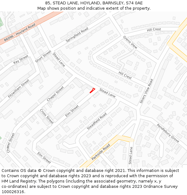 85, STEAD LANE, HOYLAND, BARNSLEY, S74 0AE: Location map and indicative extent of plot