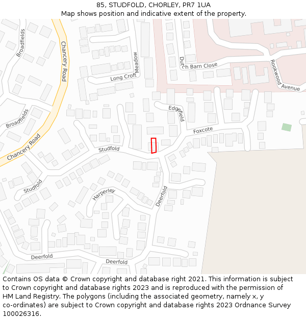 85, STUDFOLD, CHORLEY, PR7 1UA: Location map and indicative extent of plot