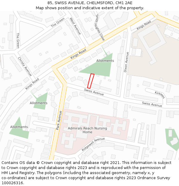 85, SWISS AVENUE, CHELMSFORD, CM1 2AE: Location map and indicative extent of plot