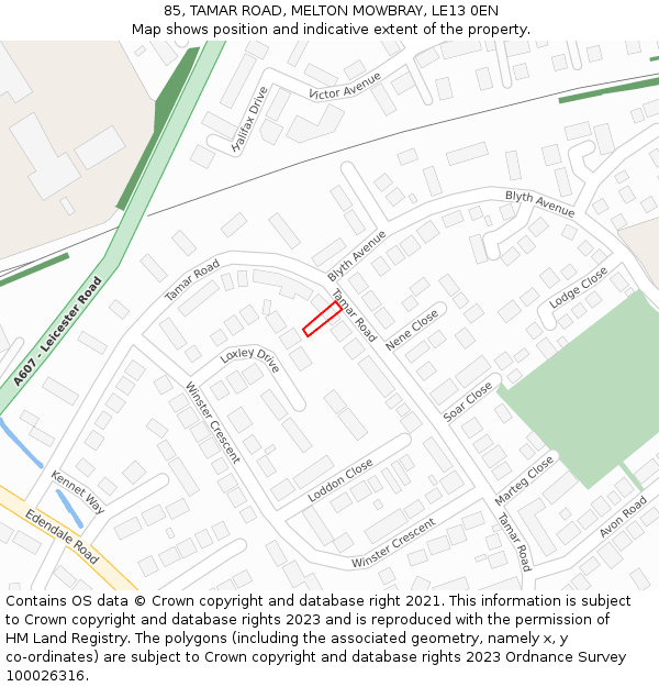 85, TAMAR ROAD, MELTON MOWBRAY, LE13 0EN: Location map and indicative extent of plot