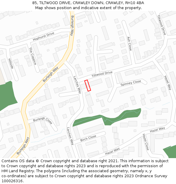 85, TILTWOOD DRIVE, CRAWLEY DOWN, CRAWLEY, RH10 4BA: Location map and indicative extent of plot