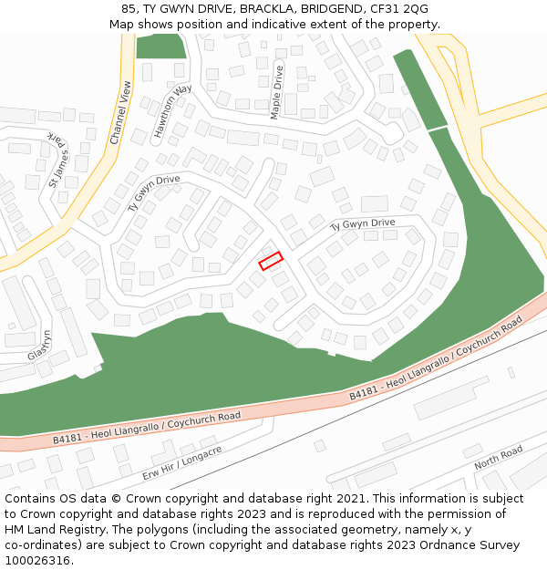 85, TY GWYN DRIVE, BRACKLA, BRIDGEND, CF31 2QG: Location map and indicative extent of plot