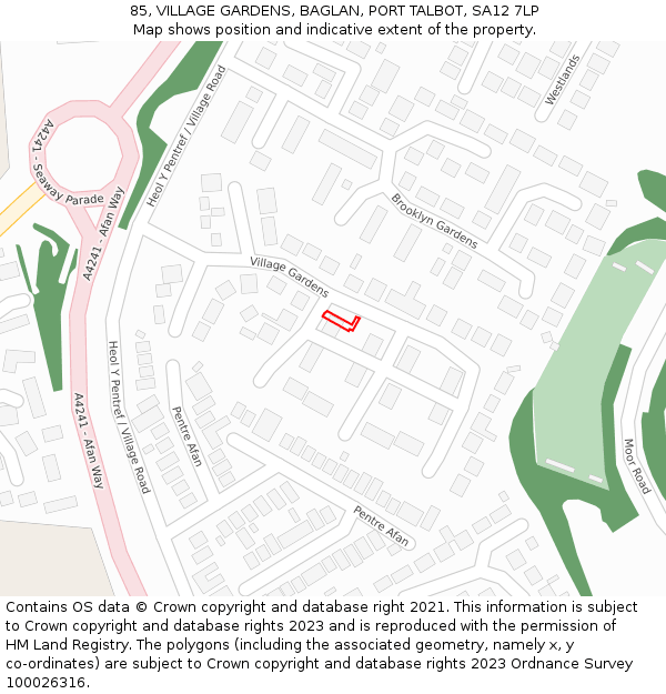 85, VILLAGE GARDENS, BAGLAN, PORT TALBOT, SA12 7LP: Location map and indicative extent of plot