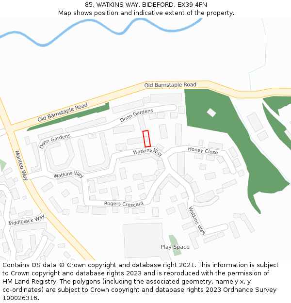 85, WATKINS WAY, BIDEFORD, EX39 4FN: Location map and indicative extent of plot