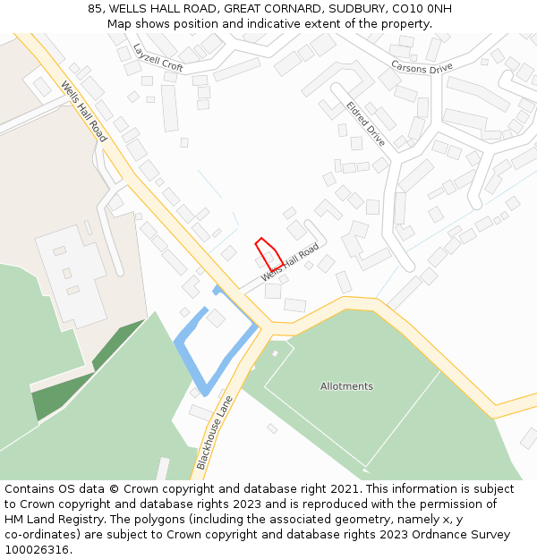 85, WELLS HALL ROAD, GREAT CORNARD, SUDBURY, CO10 0NH: Location map and indicative extent of plot