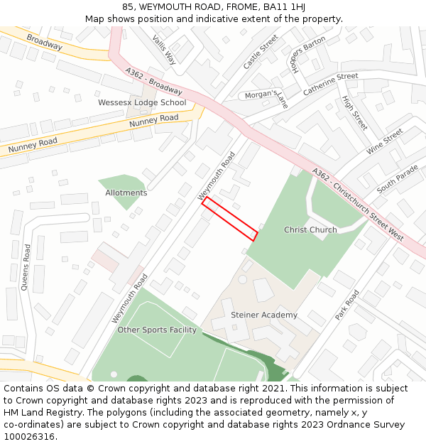 85, WEYMOUTH ROAD, FROME, BA11 1HJ: Location map and indicative extent of plot