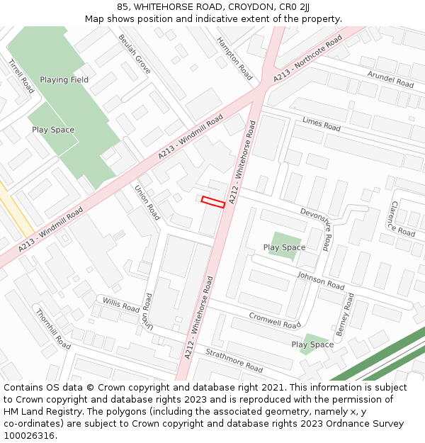85, WHITEHORSE ROAD, CROYDON, CR0 2JJ: Location map and indicative extent of plot