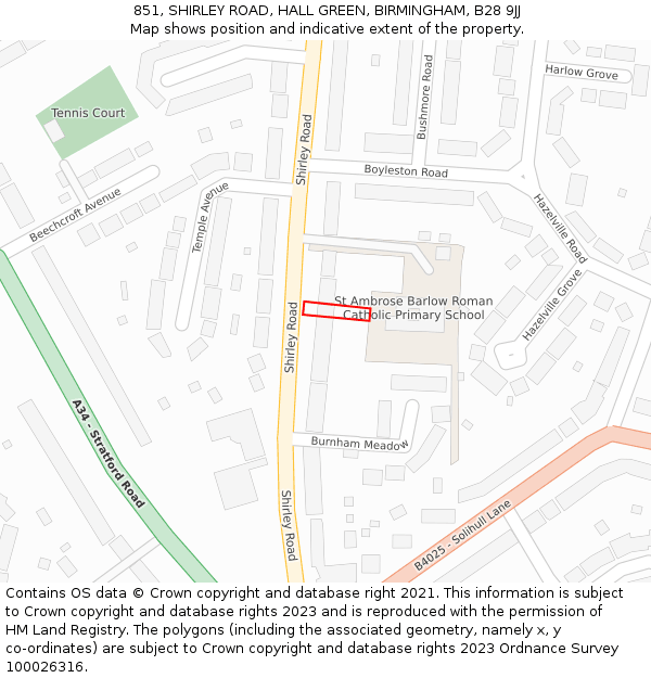 851, SHIRLEY ROAD, HALL GREEN, BIRMINGHAM, B28 9JJ: Location map and indicative extent of plot