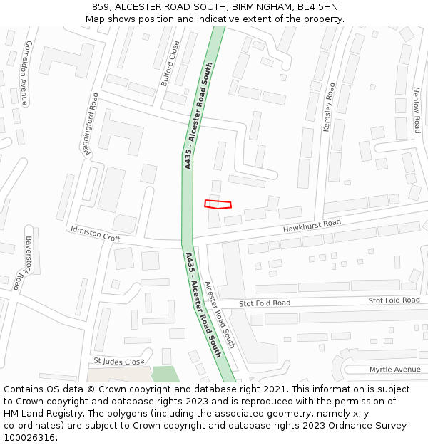 859, ALCESTER ROAD SOUTH, BIRMINGHAM, B14 5HN: Location map and indicative extent of plot