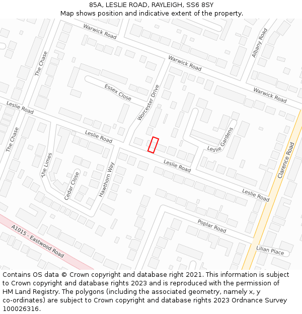 85A, LESLIE ROAD, RAYLEIGH, SS6 8SY: Location map and indicative extent of plot