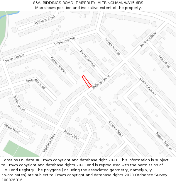 85A, RIDDINGS ROAD, TIMPERLEY, ALTRINCHAM, WA15 6BS: Location map and indicative extent of plot