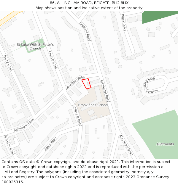 86, ALLINGHAM ROAD, REIGATE, RH2 8HX: Location map and indicative extent of plot