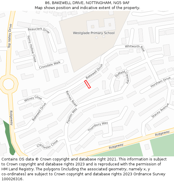 86, BAKEWELL DRIVE, NOTTINGHAM, NG5 9AF: Location map and indicative extent of plot