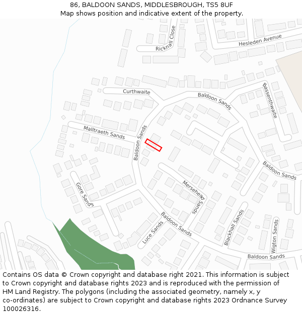 86, BALDOON SANDS, MIDDLESBROUGH, TS5 8UF: Location map and indicative extent of plot