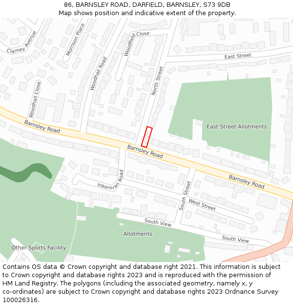 86, BARNSLEY ROAD, DARFIELD, BARNSLEY, S73 9DB: Location map and indicative extent of plot