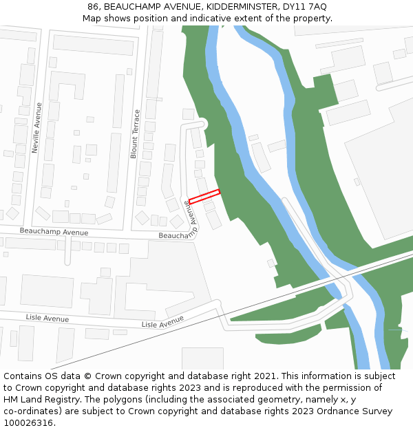 86, BEAUCHAMP AVENUE, KIDDERMINSTER, DY11 7AQ: Location map and indicative extent of plot