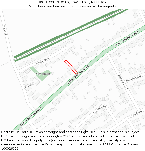 86, BECCLES ROAD, LOWESTOFT, NR33 8QY: Location map and indicative extent of plot