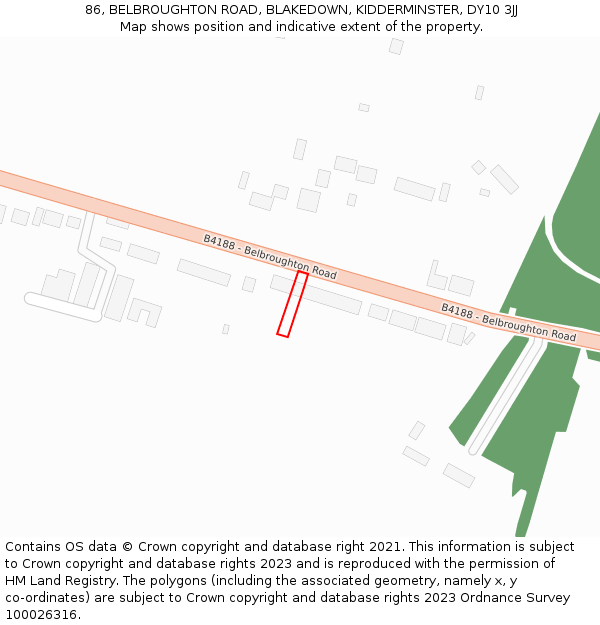 86, BELBROUGHTON ROAD, BLAKEDOWN, KIDDERMINSTER, DY10 3JJ: Location map and indicative extent of plot