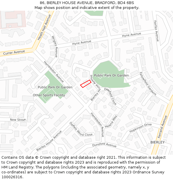86, BIERLEY HOUSE AVENUE, BRADFORD, BD4 6BS: Location map and indicative extent of plot