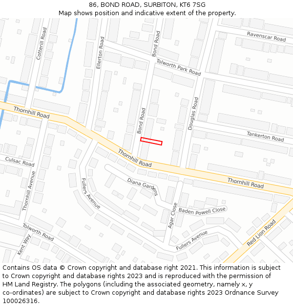 86, BOND ROAD, SURBITON, KT6 7SG: Location map and indicative extent of plot