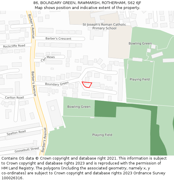 86, BOUNDARY GREEN, RAWMARSH, ROTHERHAM, S62 6JF: Location map and indicative extent of plot
