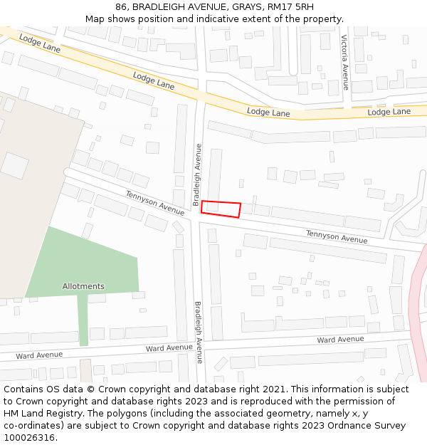 86, BRADLEIGH AVENUE, GRAYS, RM17 5RH: Location map and indicative extent of plot