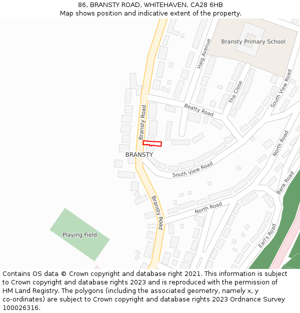 86, BRANSTY ROAD, WHITEHAVEN, CA28 6HB: Location map and indicative extent of plot