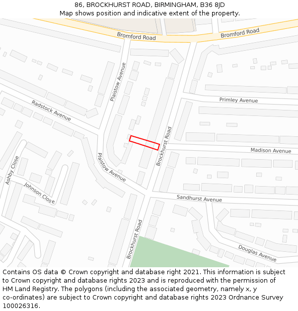 86, BROCKHURST ROAD, BIRMINGHAM, B36 8JD: Location map and indicative extent of plot