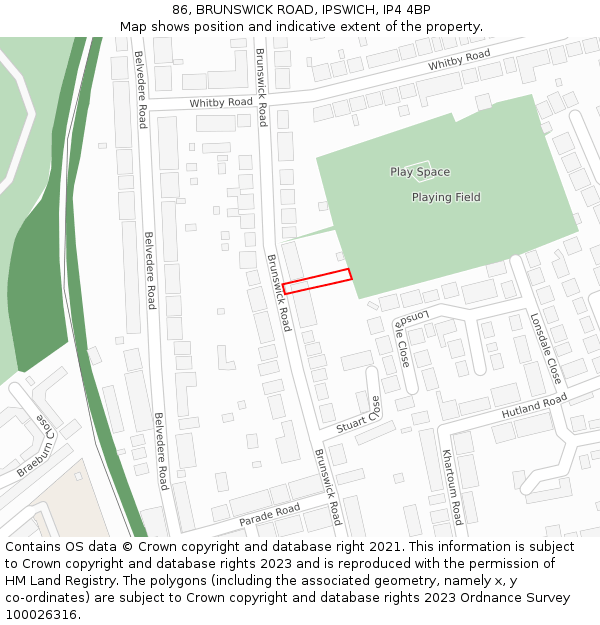 86, BRUNSWICK ROAD, IPSWICH, IP4 4BP: Location map and indicative extent of plot