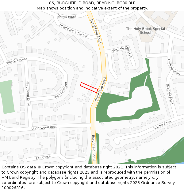 86, BURGHFIELD ROAD, READING, RG30 3LP: Location map and indicative extent of plot