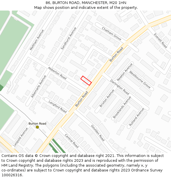 86, BURTON ROAD, MANCHESTER, M20 1HN: Location map and indicative extent of plot