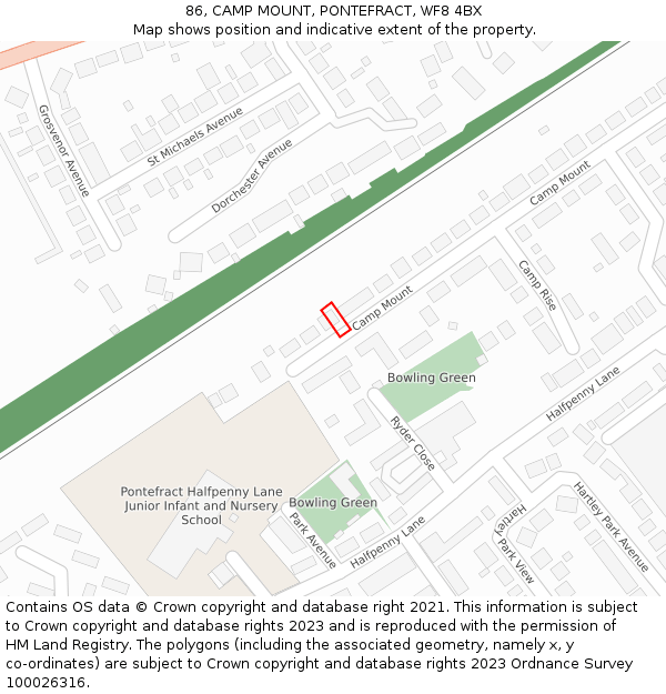 86, CAMP MOUNT, PONTEFRACT, WF8 4BX: Location map and indicative extent of plot