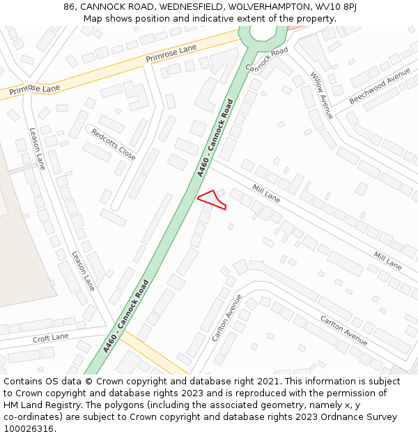 86, CANNOCK ROAD, WEDNESFIELD, WOLVERHAMPTON, WV10 8PJ: Location map and indicative extent of plot