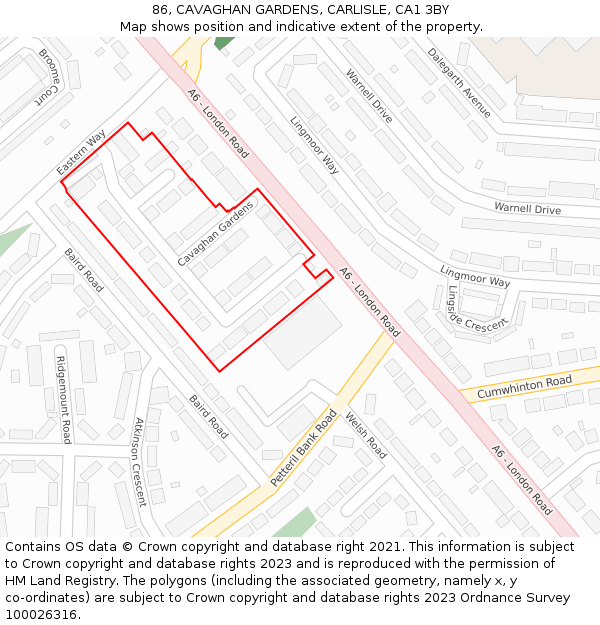 86, CAVAGHAN GARDENS, CARLISLE, CA1 3BY: Location map and indicative extent of plot