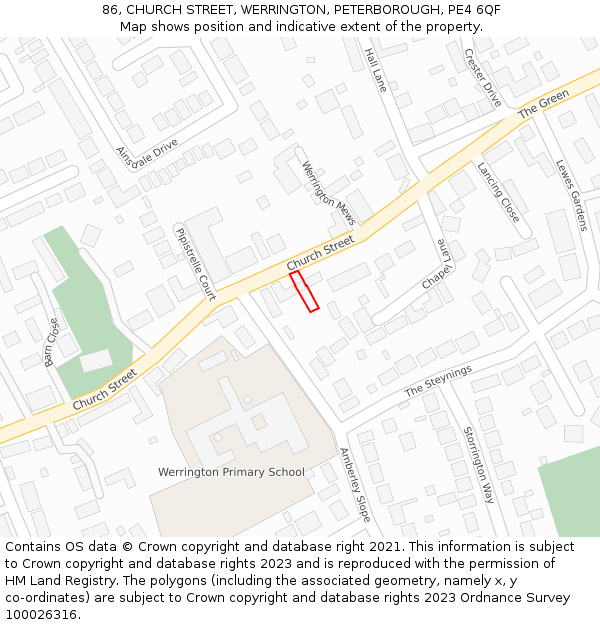 86, CHURCH STREET, WERRINGTON, PETERBOROUGH, PE4 6QF: Location map and indicative extent of plot