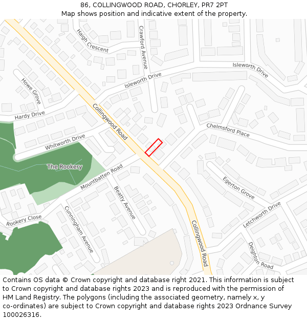 86, COLLINGWOOD ROAD, CHORLEY, PR7 2PT: Location map and indicative extent of plot