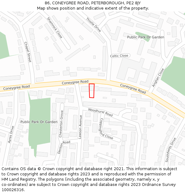 86, CONEYGREE ROAD, PETERBOROUGH, PE2 8JY: Location map and indicative extent of plot
