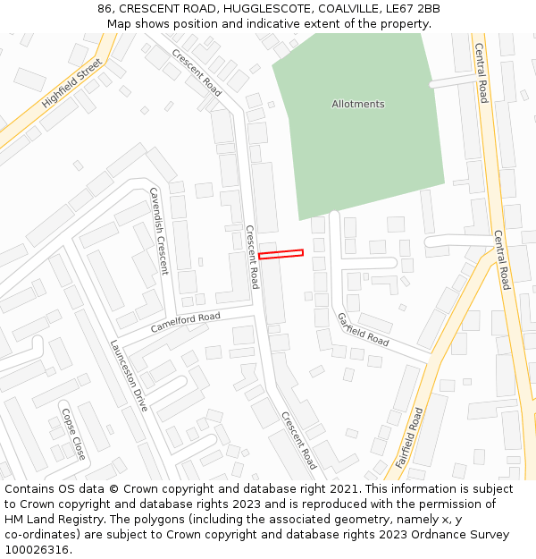 86, CRESCENT ROAD, HUGGLESCOTE, COALVILLE, LE67 2BB: Location map and indicative extent of plot
