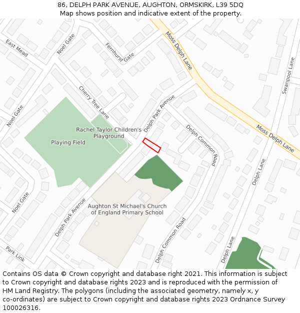 86, DELPH PARK AVENUE, AUGHTON, ORMSKIRK, L39 5DQ: Location map and indicative extent of plot