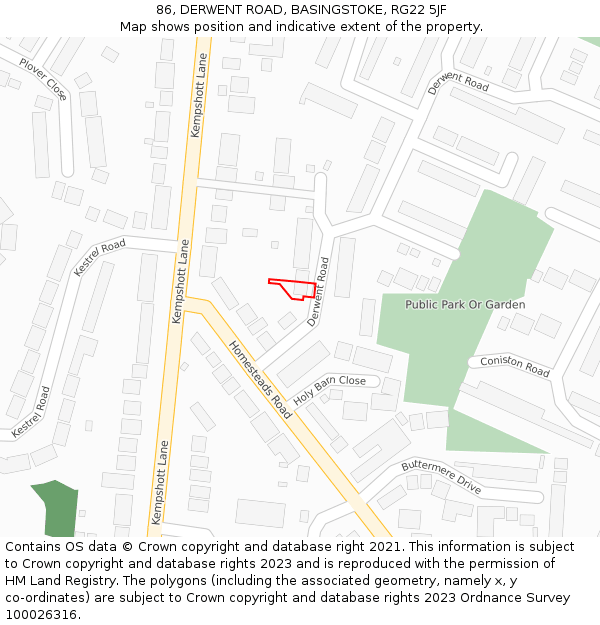 86, DERWENT ROAD, BASINGSTOKE, RG22 5JF: Location map and indicative extent of plot