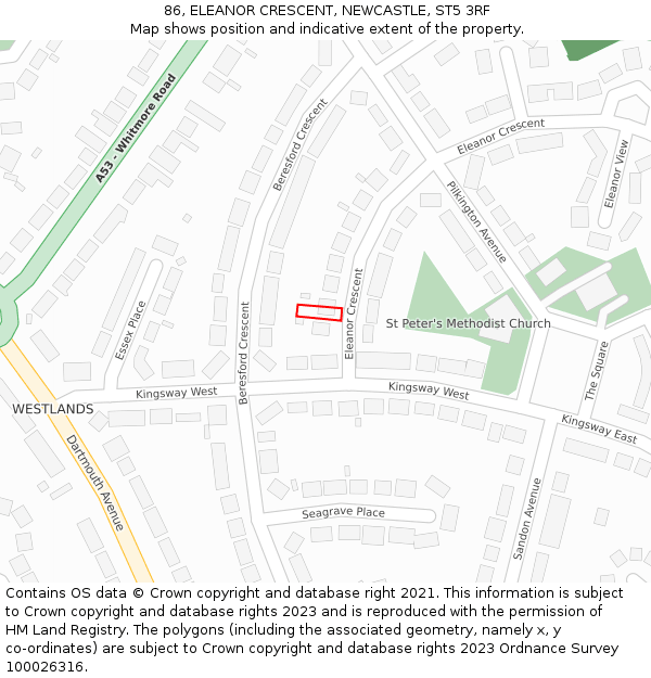 86, ELEANOR CRESCENT, NEWCASTLE, ST5 3RF: Location map and indicative extent of plot