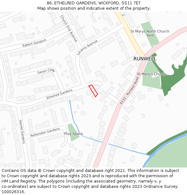 86, ETHELRED GARDENS, WICKFORD, SS11 7ET: Location map and indicative extent of plot