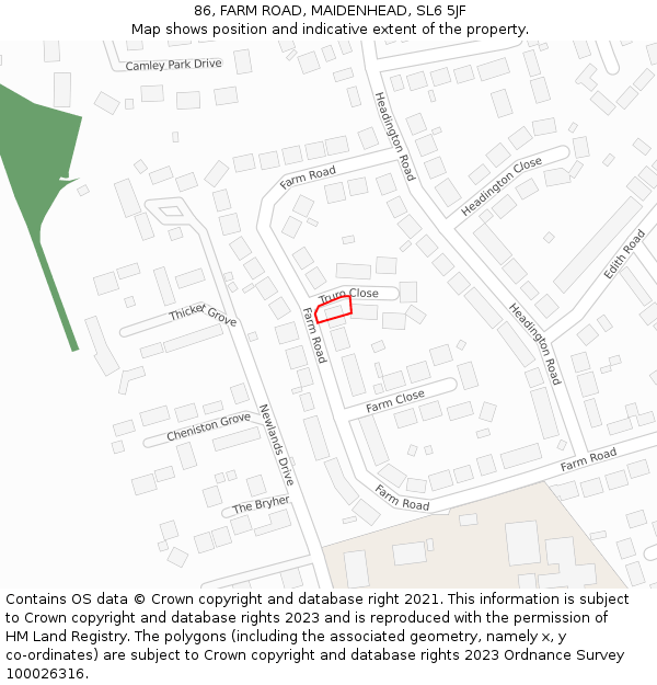 86, FARM ROAD, MAIDENHEAD, SL6 5JF: Location map and indicative extent of plot