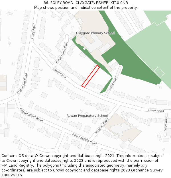 86, FOLEY ROAD, CLAYGATE, ESHER, KT10 0NB: Location map and indicative extent of plot