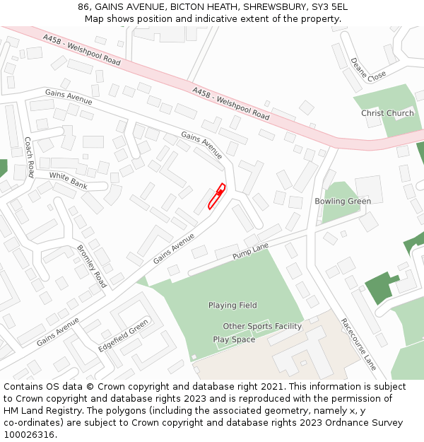 86, GAINS AVENUE, BICTON HEATH, SHREWSBURY, SY3 5EL: Location map and indicative extent of plot